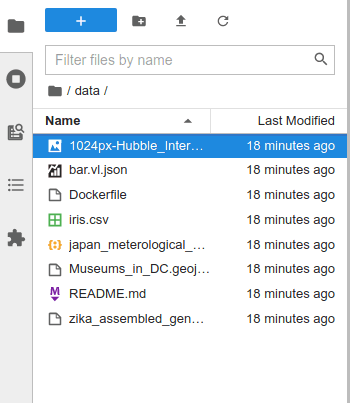 A screenshot of the primary JupyterLab sidebar showing a variety of files in the file browser.