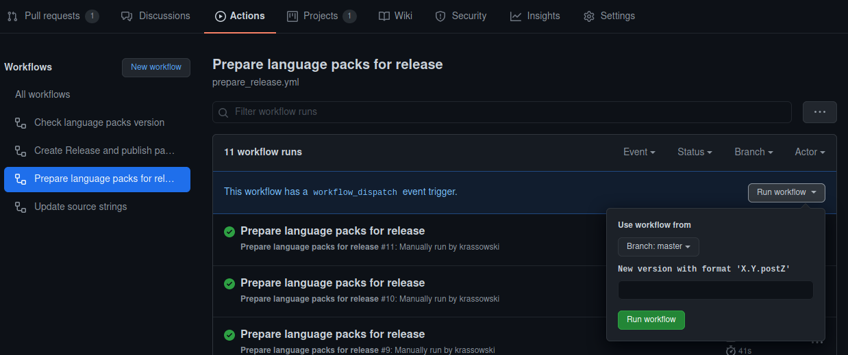 The "Prepare language packs for release" workflow on GitHub Actions.