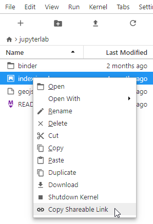 The Copy Shareable Link option in the context menu of a file. Copy Shareable Link is the last entry on the list.