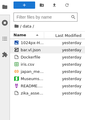 The left JupyterLab sidebar showing a variety of files in the file browser.