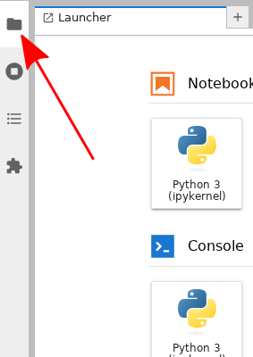 Arrow pointing to the file browser in the upper left sidebar.