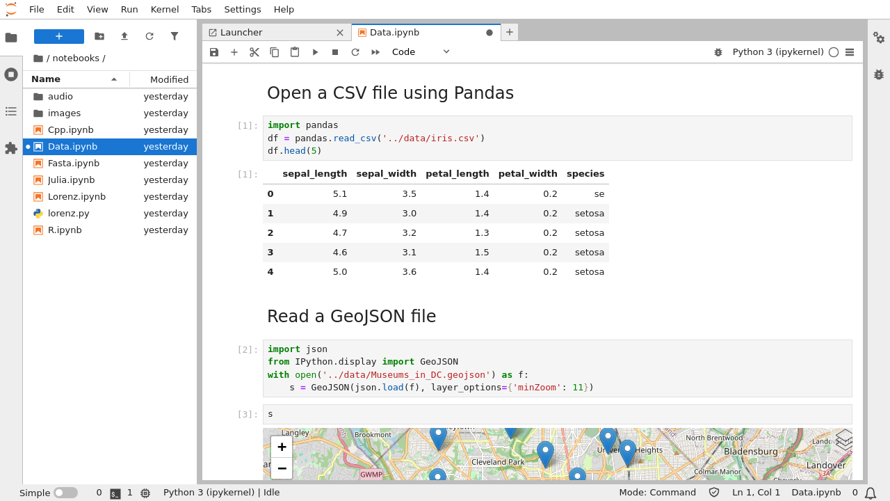 JupyterLab with notebook titled Data.ipynb open. This notebook has text, code, an imported CSV, and an interactive map all in one.