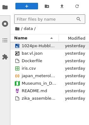 The left JupyterLab sidebar showing a variety of files in the file browser.