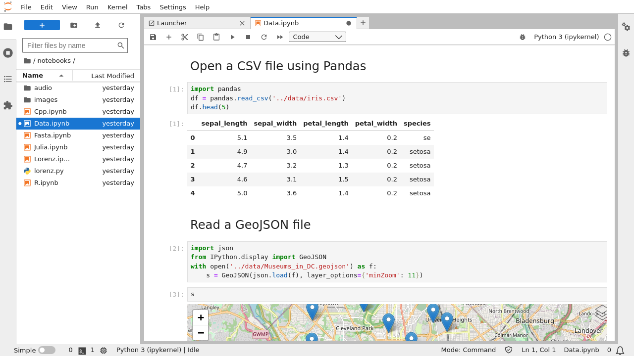 JupyterLab with notebook titled Data.ipynb open. This notebook has text, code, an imported CSV, and an interactive map all in one.