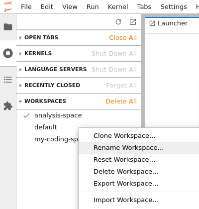 The context menu opened over workspaces sidebar