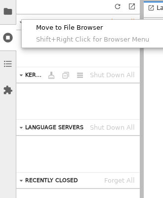 The Running Sessions sidebar context menu with the "Move to File Browser" option highlighted.